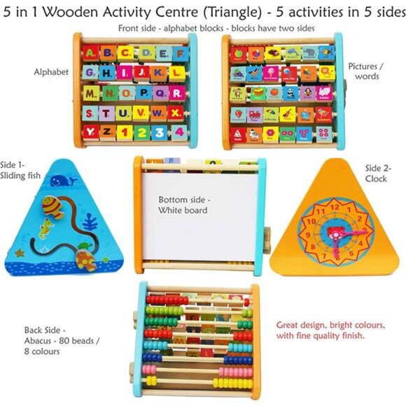 Wooden Activity Centre Triangle Toys - flip flop Alphabet Blocks Abacus Clock - Picture 2 of 7
